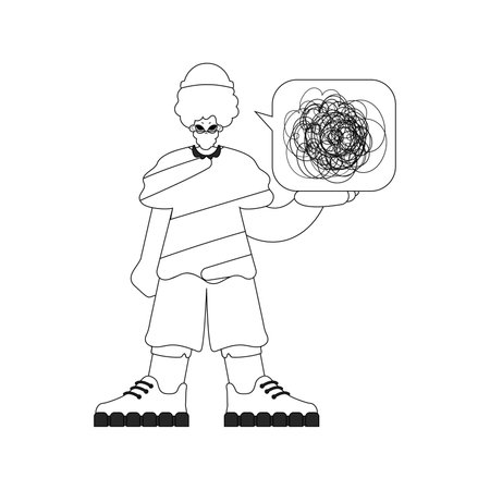 Excited man shows confused thoughts. Theme of psychology. Linear black and white style.のイラスト素材