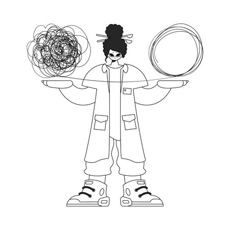 Competent Woman doctor demonstrates confused thoughts. Theme of psychology. Linear newspaper black and white style.のイラスト素材
