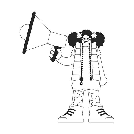 Efficient HR specialist woman holding a megaphone in her hands. HR topic. Linear black and white style.のイラスト素材