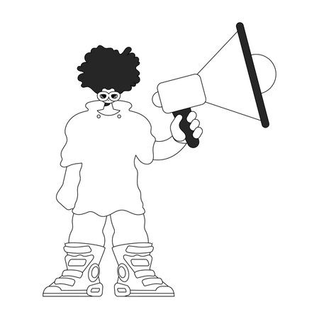 Efficient HR specialist man holding a megaphone in his hands. HR topic. Linear newspaper black and white style.のイラスト素材