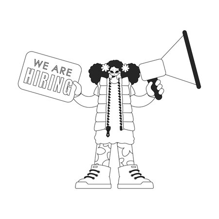 A trained HR specialist woman holds a megaphone in her hands. HR topic. Linear black and white style.のイラスト素材