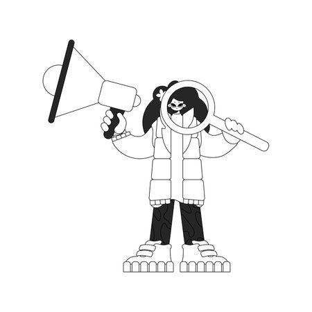 Capable HR specialist woman holding a megaphone and a magnifying glass in her hands. HR topic. Newspaper black and white style.のイラスト素材