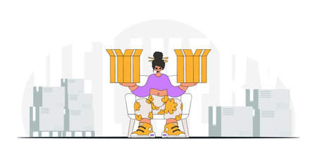 Delightful woman holding boxes in her hands. A depiction of the transportation of packages and freightのイラスト素材