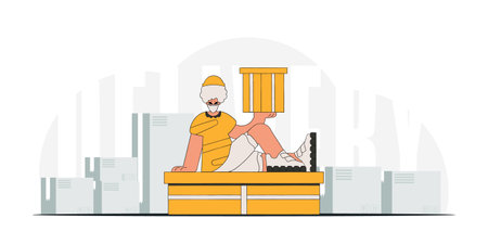 Delightful man holding boxes. A depiction of the transportation of packages and freightのイラスト素材