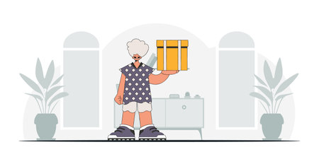 Charming man holding a box in his hands.のイラスト素材