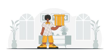 Attractive man holding a box in his hands.のイラスト素材