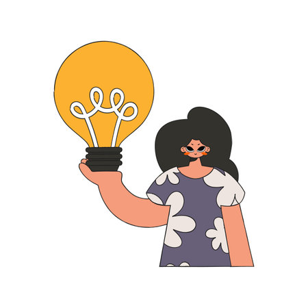 An elegant woman holds a light bulb in her hands. idea theme.のイラスト素材