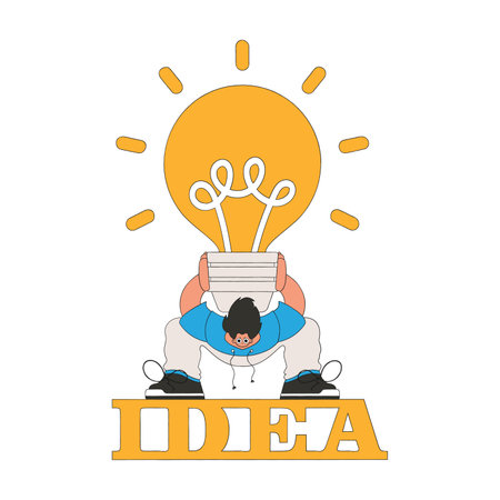 Funny illustration on the theme of the idea. A man is holding a heavy large light bulb.のイラスト素材