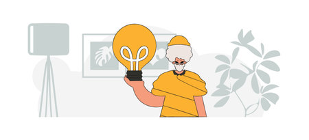 Fashionable guy holding a lightbulb. idea concept. trendy character.のイラスト素材