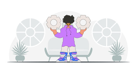Stylish guy holds gears in his hands. Illustration on the theme of the appearance of an idea.のイラスト素材