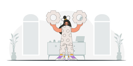 Fashionable girl holds gears in her hands. idea theme. Retro trendy style.のイラスト素材