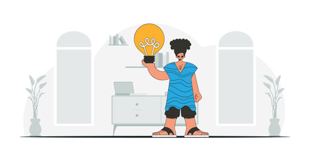 Stylish guy holding a lightbulb. idea theme. Retro trendy style.のイラスト素材