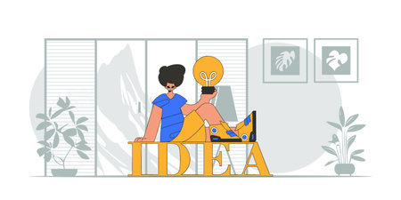 Presentable guy holding a lightbulb. idea theme. Retro trendy style.のイラスト素材