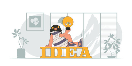Refined girl holds a light bulb in her hands. Illustration on the theme of the appearance of an idea.のイラスト素材
