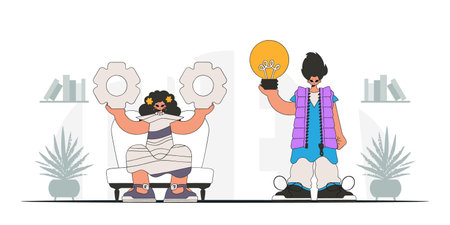 Fashionable guy and girl generates ideas and solves problems. Light bulb and gears in their hands. idea theme. Retro trendy style.のイラスト素材