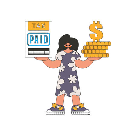 Stylish woman holds a tax form and coins in her hands. The topic of paying taxes.のイラスト素材