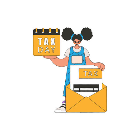 A trendy girl rhymes a calendal in her hand. TAX day. The topic of paying taxes.のイラスト素材