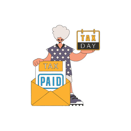A fashionable man holds a calendar in his hand. TAX day. The topic of paying taxes.のイラスト素材