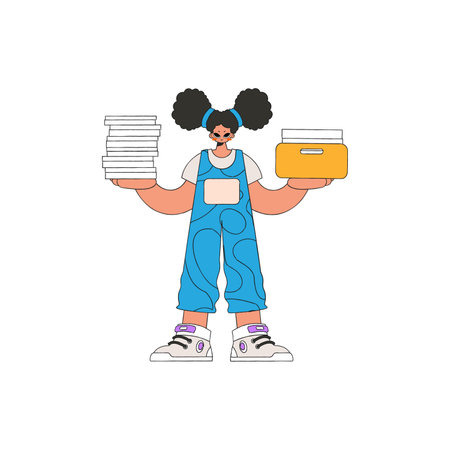 Fashionable woman holds stacks of documents in her hands.のイラスト素材