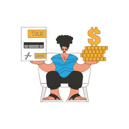 A trendy man is holding a tax form and coins in his hands. The topic of paying taxes.のイラスト素材