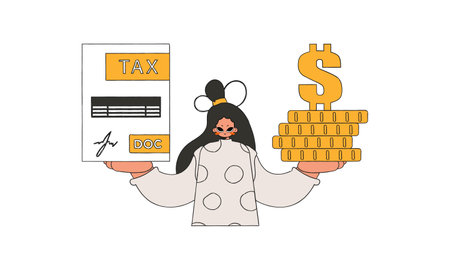 A well-dressed woman holds a tax form and coins in her hands. The topic of paying taxes.のイラスト素材