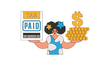 A well-dressed girl holds a tax form and coins in her hands. The topic of paying taxes.のイラスト素材