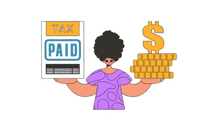 A fashionable man holds a tax form and coins in his hands. The topic of paying taxes.のイラスト素材