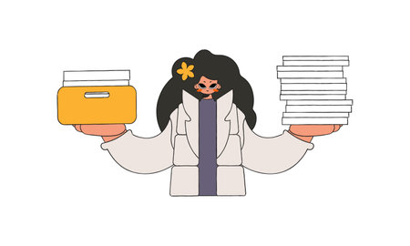 A cultured girl is holding a stack of documents in her hands.のイラスト素材