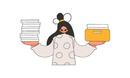A well-dressed girl holds stacks of documents in her hands.のイラスト素材