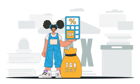 A fashionable woman holds a calculator in her hand Graphic illustration on the theme of tax payments.のイラスト素材