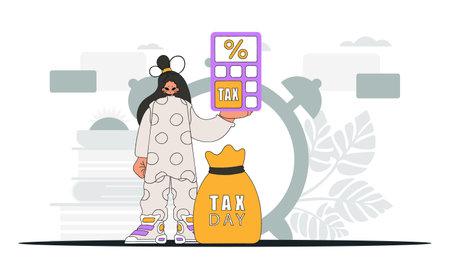 A fashionable woman holding a calculator in her hand An illustration demonstrating the importance of paying taxes for the development of the economy.のイラスト素材