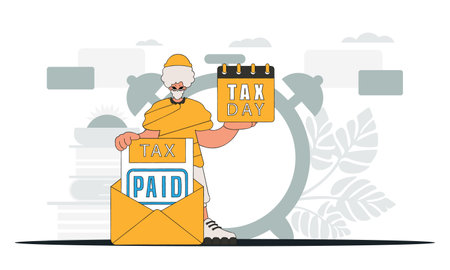 Trendy man holds a calendal in his hand. TAX day. An illustration demonstrating the correct payment of taxes.のイラスト素材