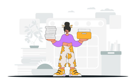 A fashionable woman holds a stack of documents in her hands. An illustration demonstrating the correct payment of taxes.のイラスト素材