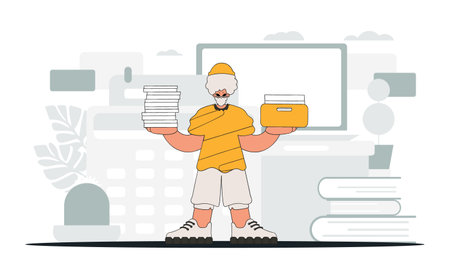 A fashionable man holds stacks of documents in his hands. An illustration demonstrating the correct payment of taxes.のイラスト素材