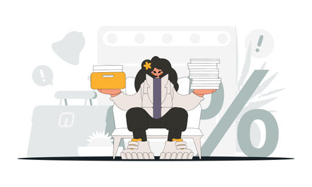 Gorgeous woman holds a stack of documents in her hands. An illustration demonstrating the importance of paying taxes for economic development.のイラスト素材