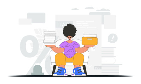 An elegant man holds stacks of documents in his hands. Graphic illustration on the theme of tax payments.のイラスト素材