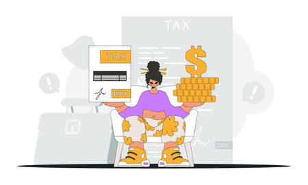 Fashionable woman holding a tax form and coins in her hands. An illustration demonstrating the correct payment of taxes.のイラスト素材
