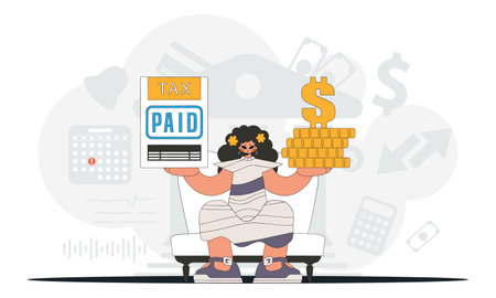 A graceful woman is holding a tax form and coins in her hands. Graphic illustration on the theme of tax payments.のイラスト素材