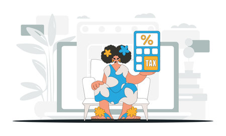 Graceful woman with a percentage. Graphic illustration on the theme of tax payments.のイラスト素材