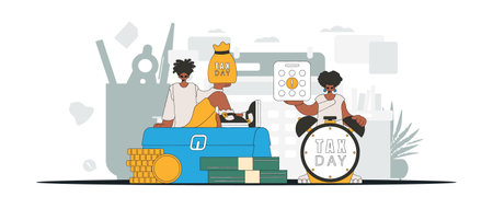 Fashionable girl and guy are engaged in paying taxes. Graphic illustration on the theme of tax payments.のイラスト素材