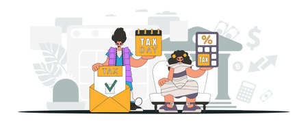 Fashionable guy and girl demonstrate paying taxes. An illustration demonstrating the importance of paying taxes for economic development.のイラスト素材
