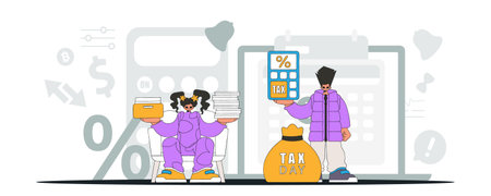 Fashionable girl and guy are engaged in paying taxes. Graphic illustration on the theme of tax payments.のイラスト素材