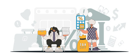 Fashionable girl and guy are engaged in paying taxes. An illustration demonstrating the correct payment of taxes.のイラスト素材