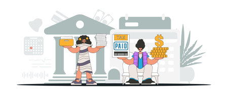 An elegant guy and a girl are engaged in paying taxes. An illustration demonstrating the importance of paying taxes for economic development.のイラスト素材