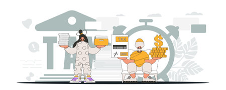 Elegant girl and guy demonstrate paying taxes. An illustration demonstrating the correct payment of taxes.のイラスト素材