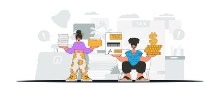 Fashionable guy and girl demonstrate paying taxes. Graphic illustration on the theme of tax payments.のイラスト素材