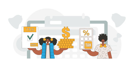 Fashionable girl and guy are engaged in paying taxes. An illustration demonstrating the importance of paying taxes for economic development.のイラスト素材