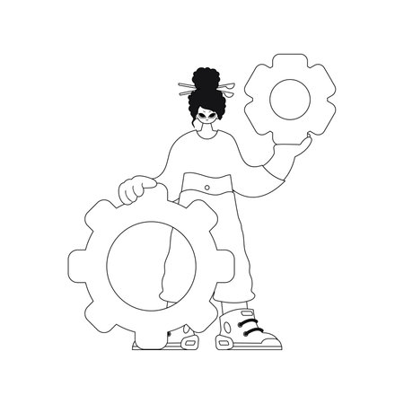 Girl holds gears in hands. Linear style illustration. Vector.のイラスト素材