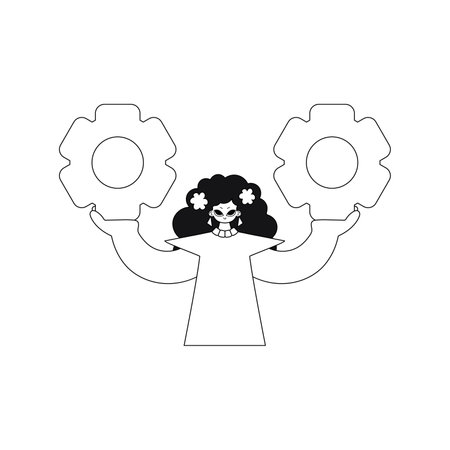 Girl holding gears in hands, linear style illustrated with a vector.のイラスト素材