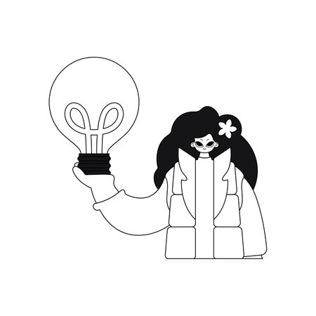 Girl holding light bulb. symbolizing idea, in linear vector illustration.のイラスト素材